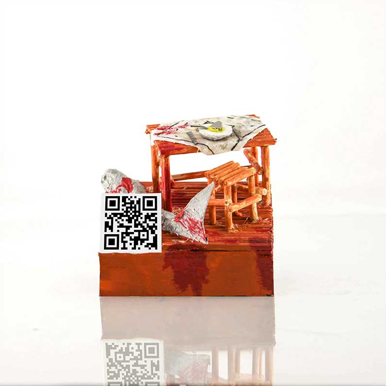 3D ilustracija gdje je stol s tanjurom i morskim psom s QR kodom